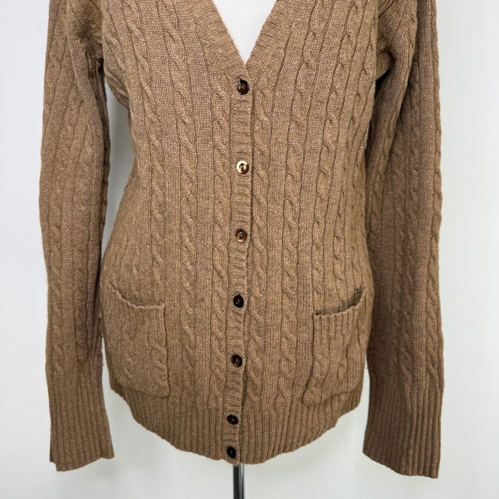 J.Crew Cable Knit Cardigan Sweater Camel Merino Wool Angora Cashmere L Preppy - Picture 3 of 9